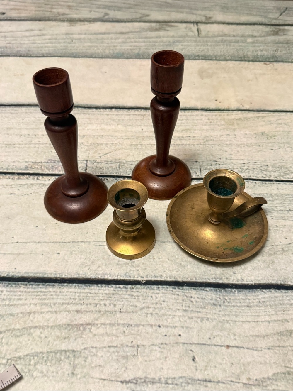 Grandmacore Vintage Wood and Brass Candle Holder Set. ( Flaw )